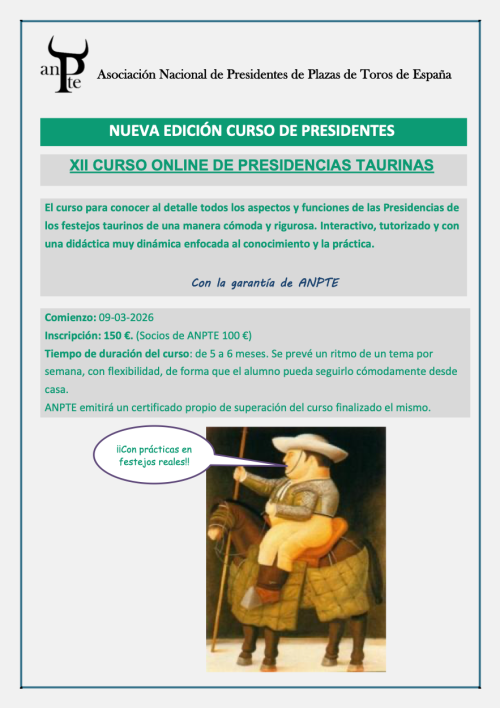 ANPTE convoca la XII Edición del Curso Online de Presidencias Taurinas
